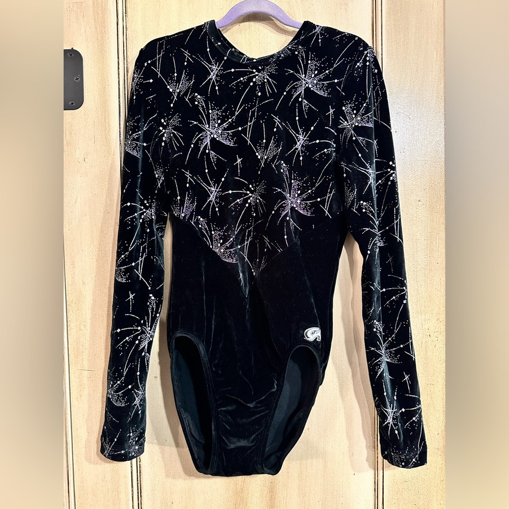 GK Girl's XL Long Sleeve Black with Silver Sparkle Velour Leotard